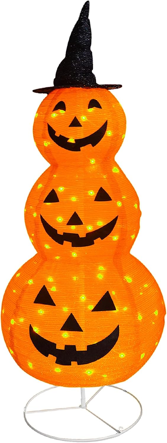 FUNPENY Halloween Collapsible Pumpkin Decorations, Pre-Lit Light Up Pumpkin with Hat, Pop Up Jack-o-Lantern with Metal Sta...