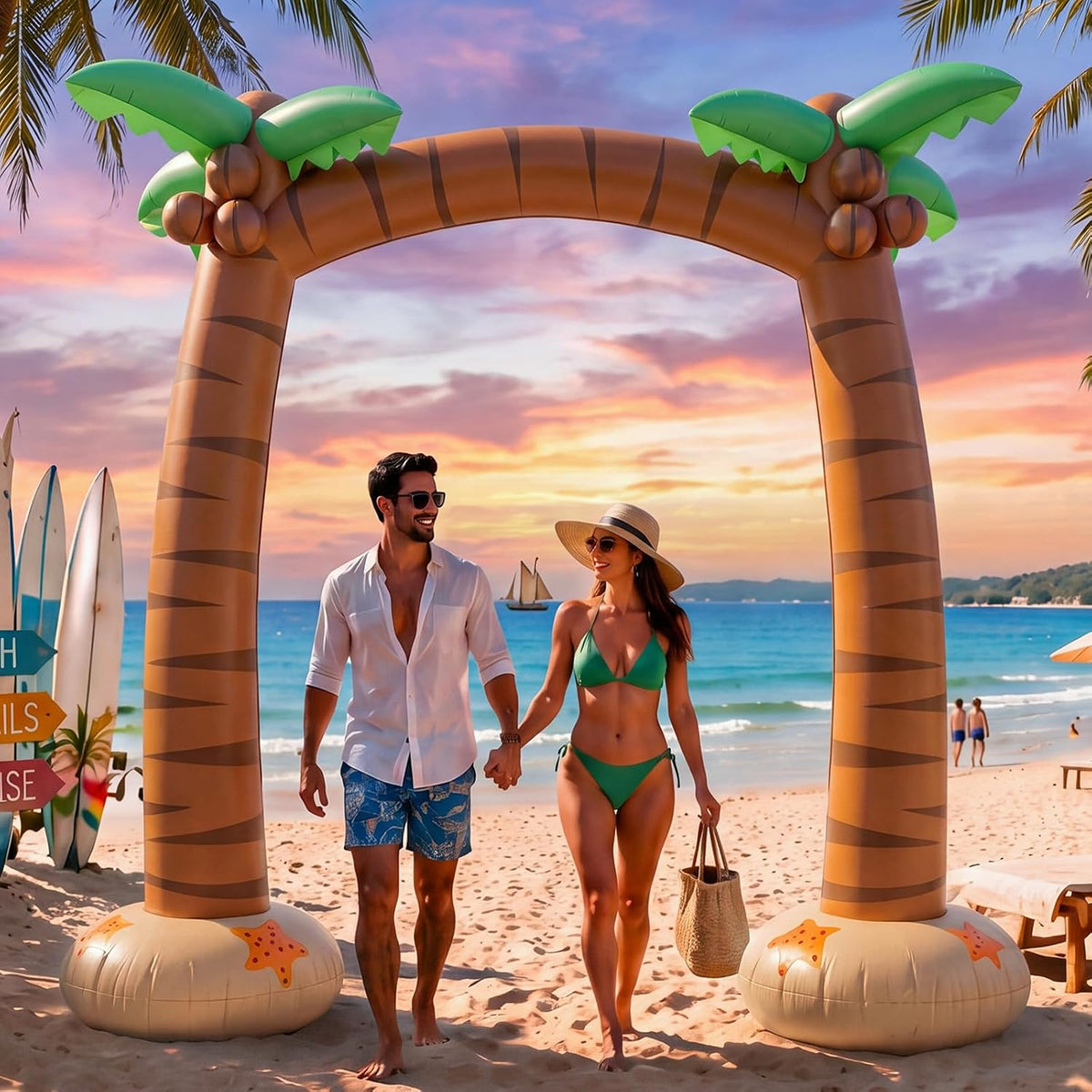 Inflatable palm tree archway on a beach at sunset