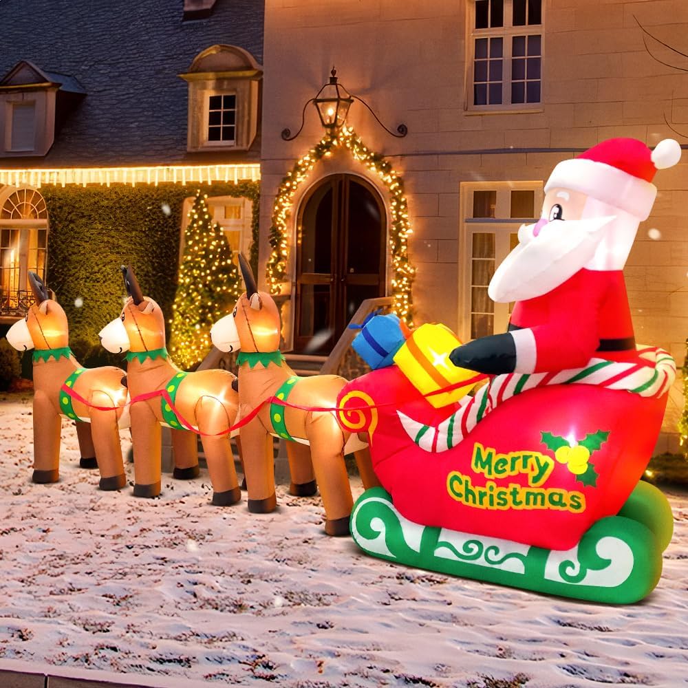 KOOY 12FT Christmas Inflatables Santa Claus on Sleigh with Reindeer Deer Merry Christmas Winter Blow up Yard