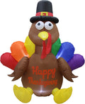 6 FT Tall Happy Thanksgiving Inflatable Turkey with Pilgrim Hat / Rainbow Color Feather, LED Lights, Outdoor
