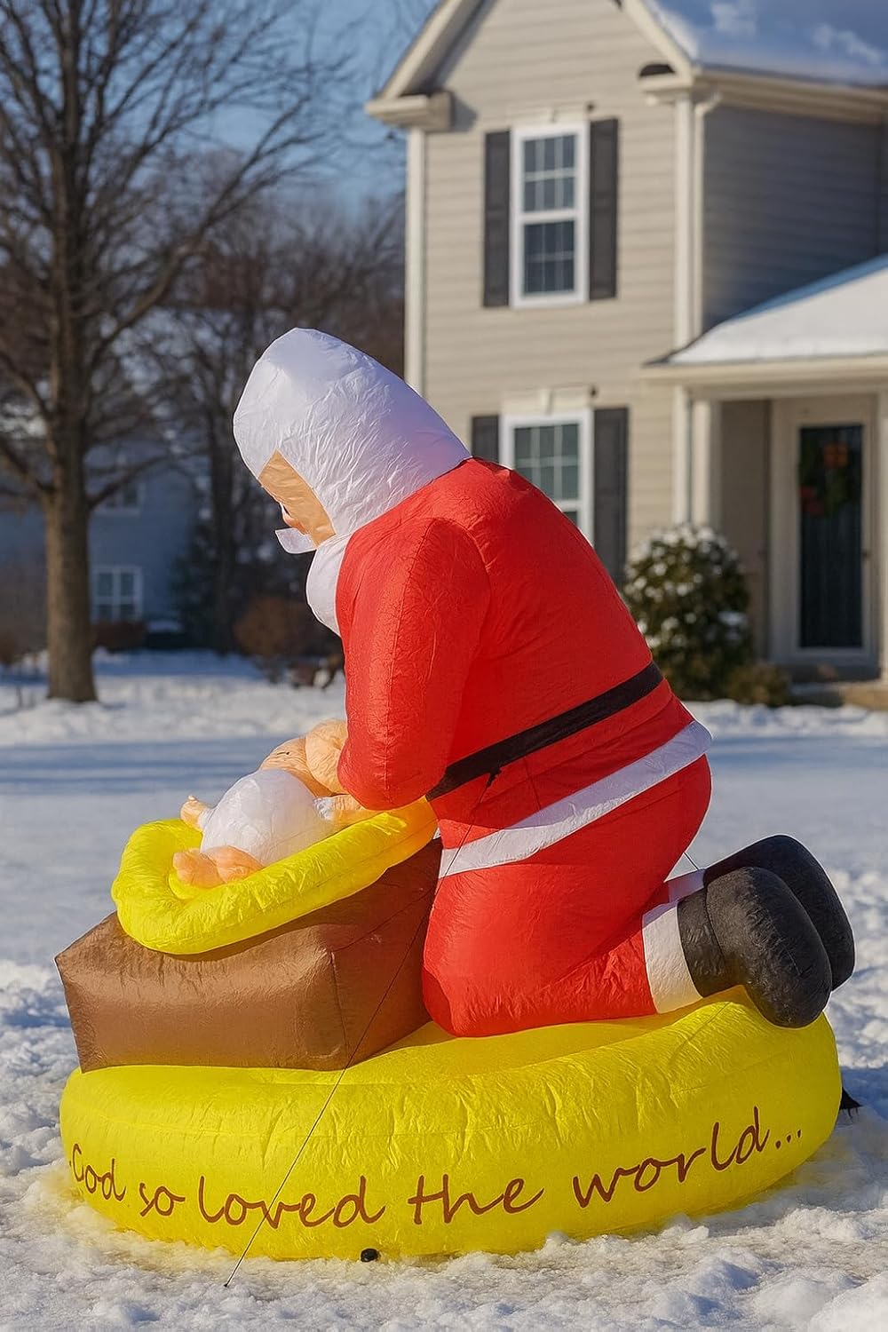 Santa Kneels Before the Savior TM Christmas Inflatable Santa Prays for Baby Christ Child. Lighted Outdoor