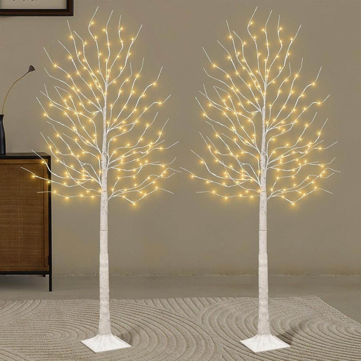 Seasonal Buddy Set of 2 6 feet Lighted Birch Tree, 160 LED Warm White, for Home, Festival, Party, and Chris