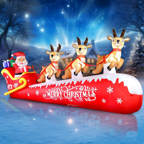 12 FT Christmas Inflatable Santa Claus on Sleigh with 3 Reindeers Outdoor Decorations, Giant Christmas Blow