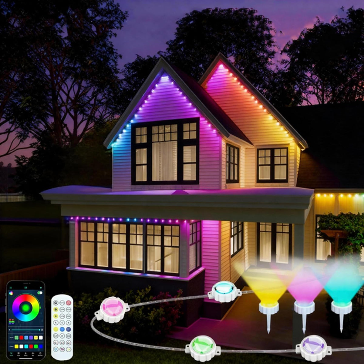 Honche Upgrad Permanent Outdoor Lights Landscape Path Lights 101FT 72L App&Remote contorl Adapter Power for