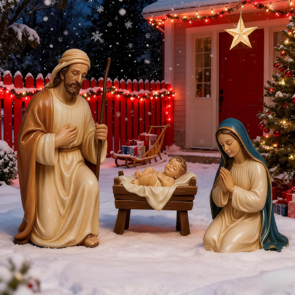 Uelfbaby 3 Pcs Outdoor Large Metal Nativity Scene Set, Christma Decoration / Detachable Family Outdoor