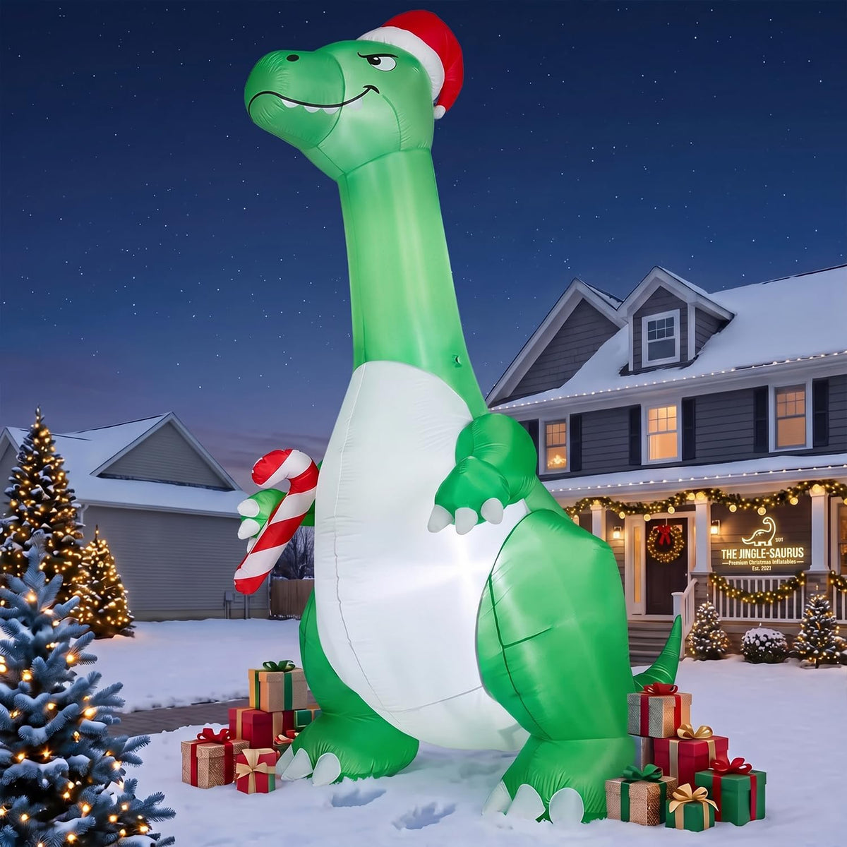 12FT Christmas Inflatables Decoration Outdoor Green Dinosaur，Light Up Decor / Built-in Warm LED Lights, UV