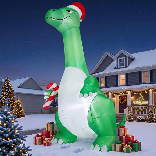 12FT Christmas Inflatables Decoration Outdoor Green Dinosaur，Light Up Decor / Built-in Warm LED Lights, UV