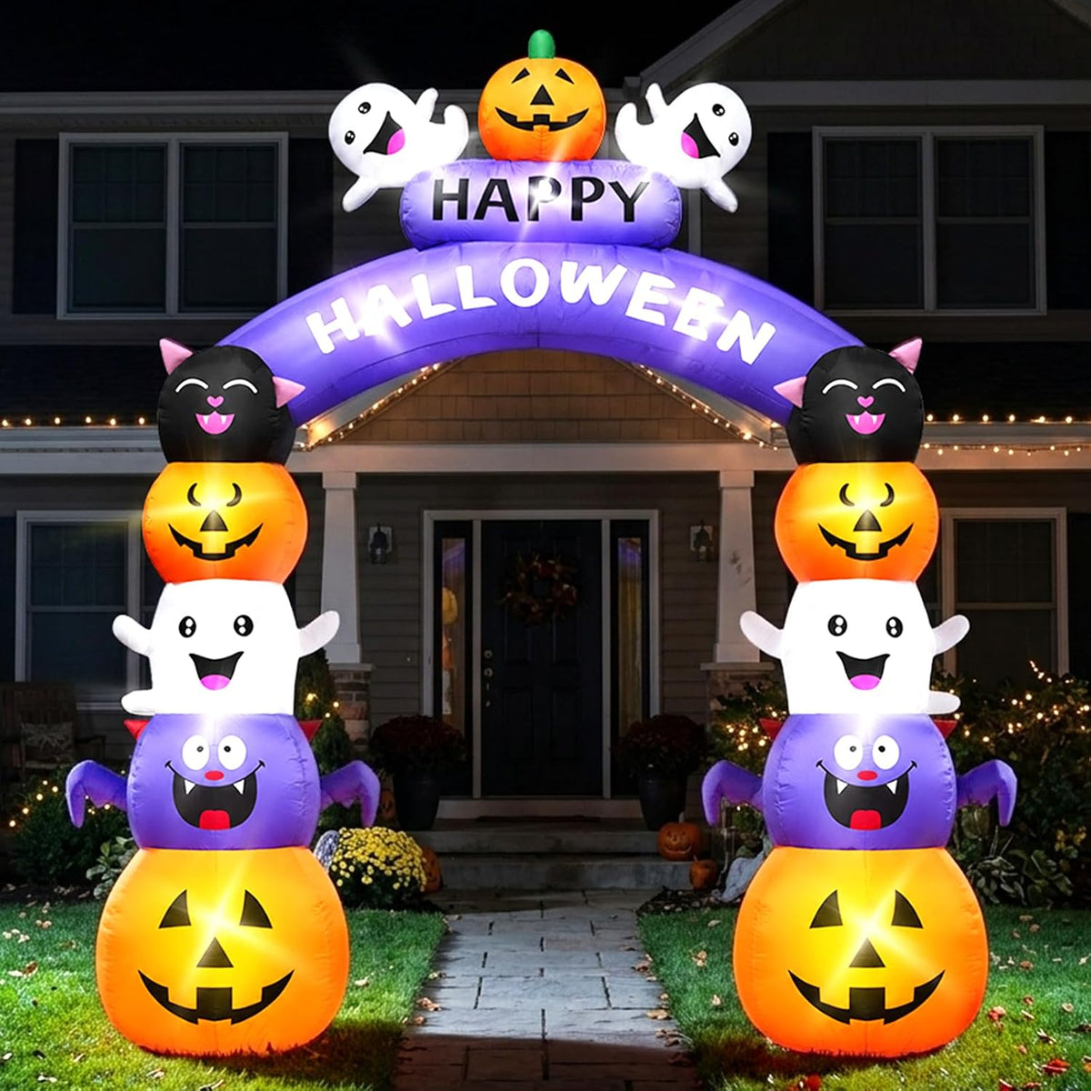 Halloween Inflatable Arch Cute Large Pumpkin Archway Blow Up Outdoor 8FT / LEDs, 8ft Tall Gaint Halloween
