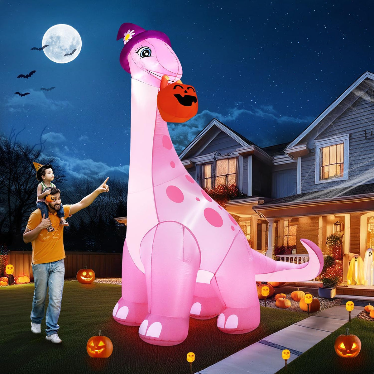 zukakii 13FT Giant Halloween Inflatables Decorations Outdoor Pink Dinosaur, Huge Halloween Blow Up Yard