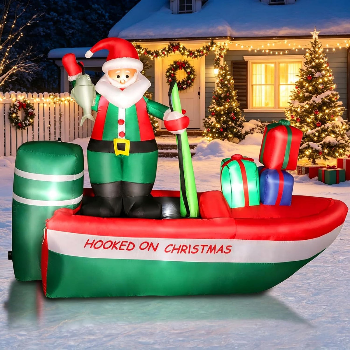 8 FT Christmas Inflatables Santa Claus Fishing on a Boat with Colorful Gift Boxes, Giant Blow Up Santa
