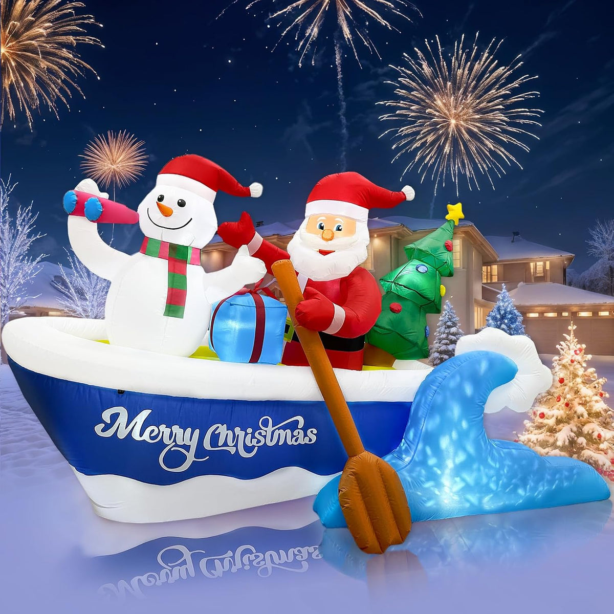 8FT Santa Boat Inflatable Christmas Blow Ups Yard Decor with Rotating Light / Cool Christmas Inflatables
