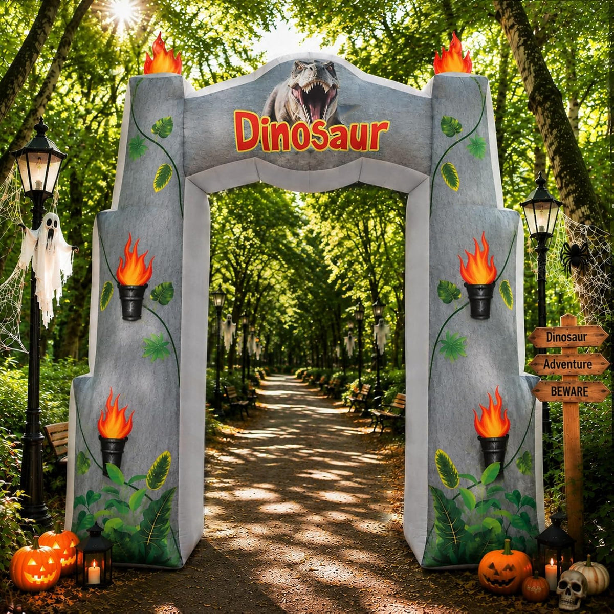 Party Greeting Dinosaur Inflatable Arch, 8 Ft Outdoor Yard Decor with LED / Fabric Material, Outdoor Yard And