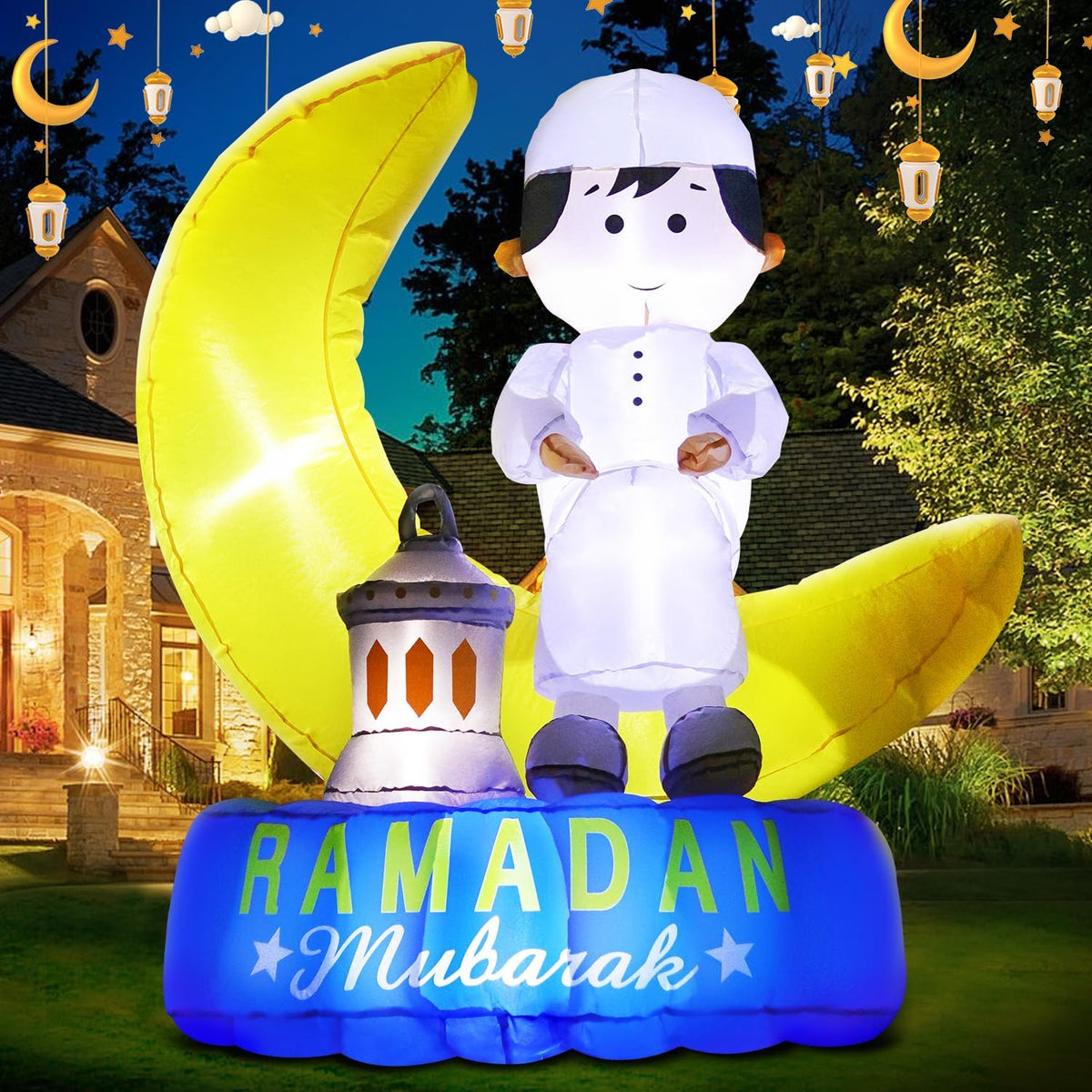 DomKom 6FT Inflatable Ramadan Moon Muslim Decorations, Blow Up Islamic Eid Decor, Holiday Outdoor Decorations