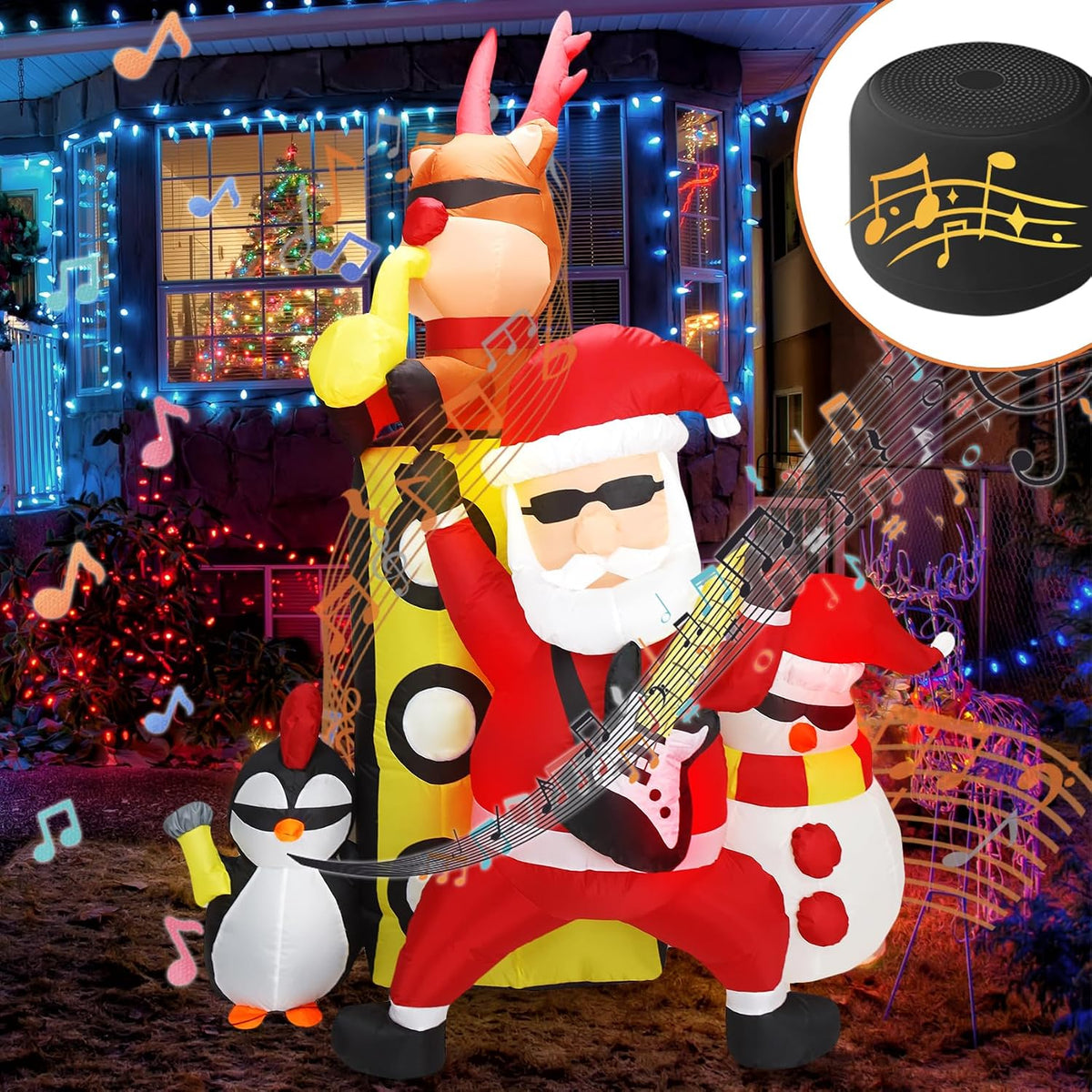 Bonus Bluetooth Speaker! 7FT H Christmas Inflatable Santa with Friends Reindeer& Penguin&Snowman Holding