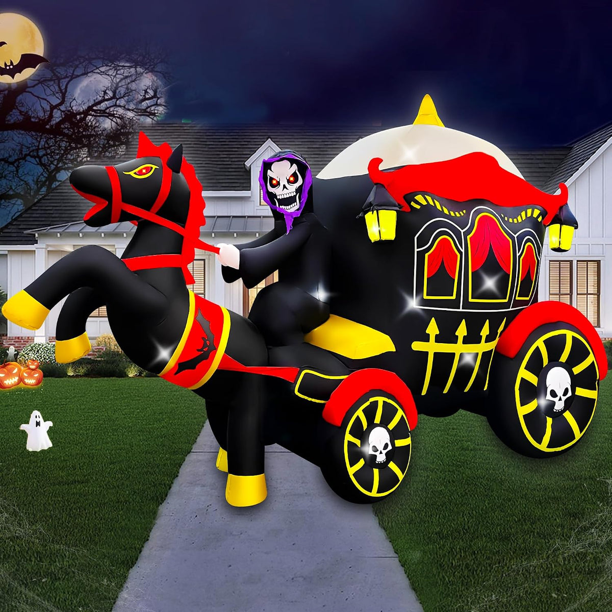 SEASONBLOW 10FT Halloween Inflatable Grim Reaper Horse Carriage Decor / Lights Decor, Outdoor Indoor, Blow Up