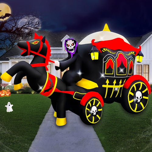 Inflatable grim reaper driving a black horse carriage on a lawn at night
