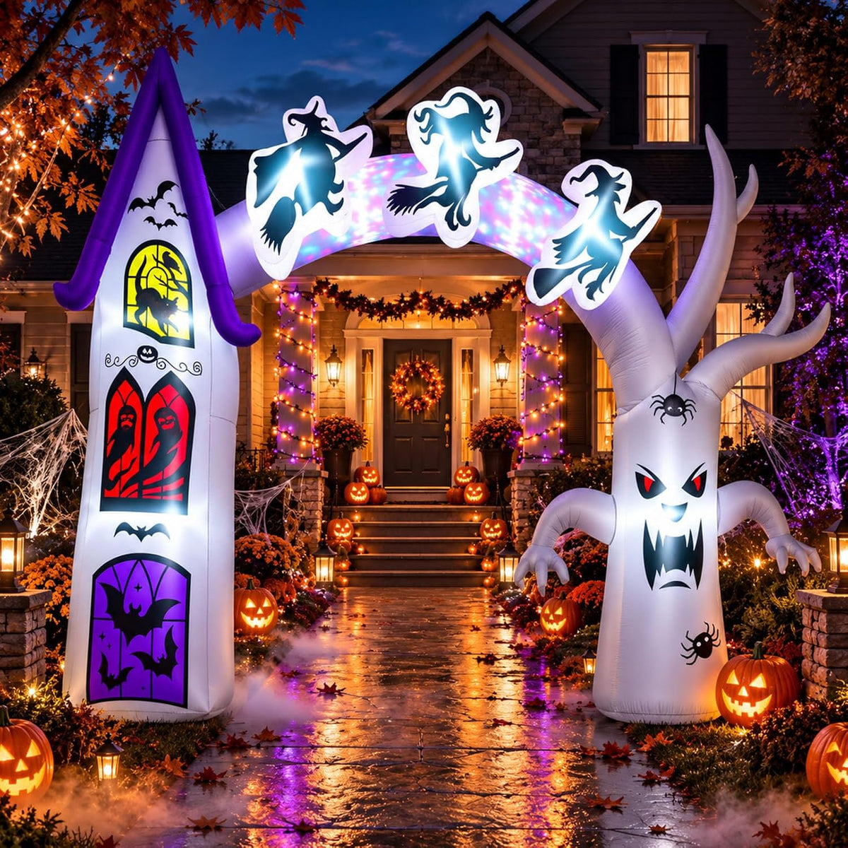 Capoda 14FT Length X 10FT Tall Halloween Inflatable Arch with LED Lights / Castle Witch Dead Tree Halloween