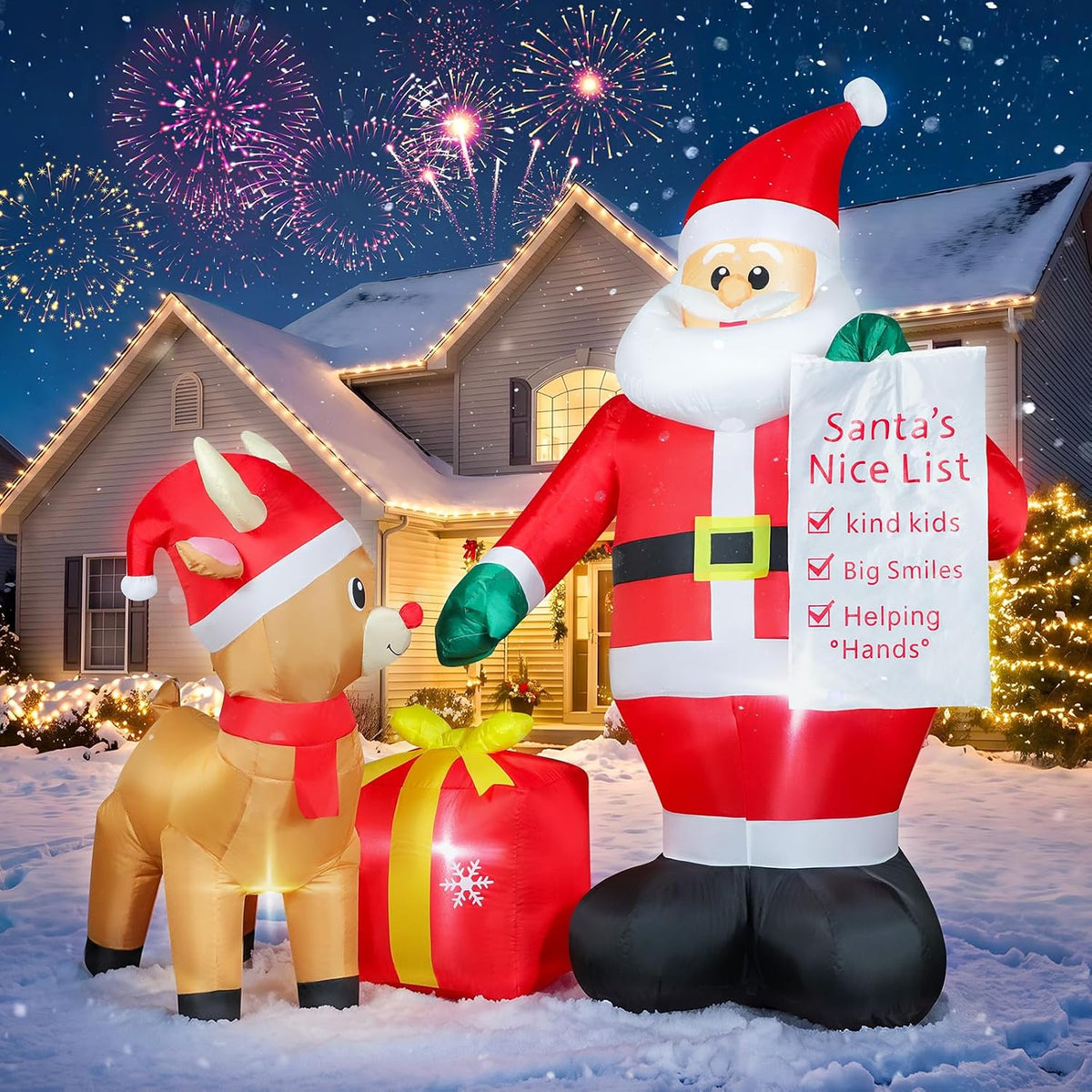 7 FT Christmas Inflatables Santa Claus with Reindeer Outdoor Decoration for Yard, Giant Blow Up Santa with