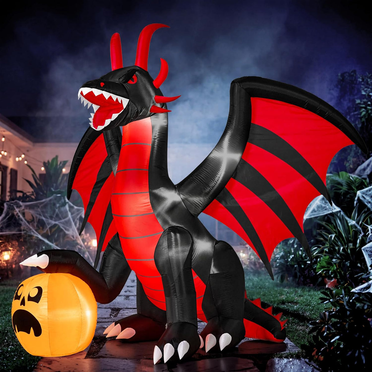 JOYIN 8FT Halloween Inflatable Fire Dragon & Pumpkin Decoration with Animated Moving Mouth & Built-in LED