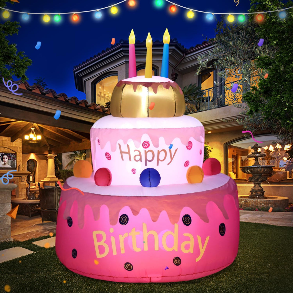 DomKom [New] 5.5FT Large Inflatables Birthday Cake Outdoor Decorations with Candles,Build-in LED Lights, for