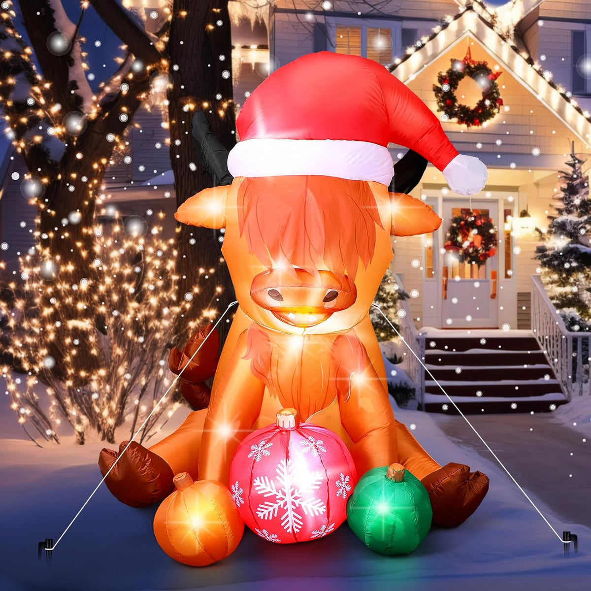 VIHOSE 4.9 ft Christmas Inflatable Cow with Santa Hat / Highland Cow Blow up with Built in LED, 2 Ornament