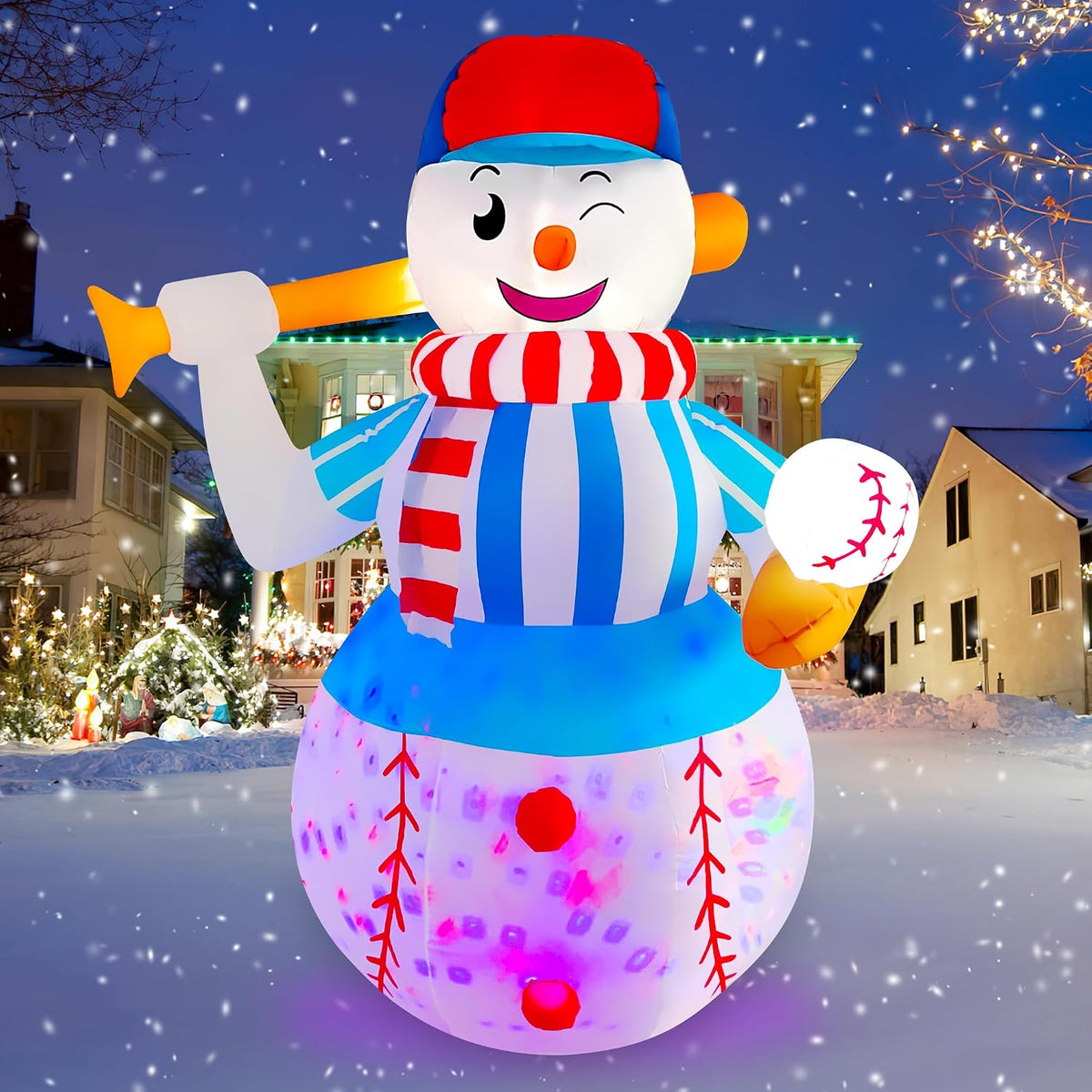 SEASONBLOW 6 FT Light Up Inflatable Christmas Baseball Snowman Decoration for Yard Lawn Garden Home Party
