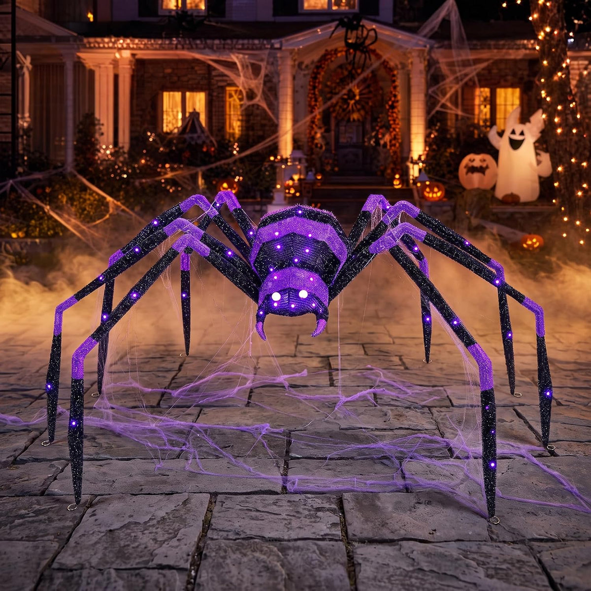 Byrdhue 6.8 FT Giant Spider Halloween Decorations, 128 LED Light Up Spider / Purple Flowing Light Effect,