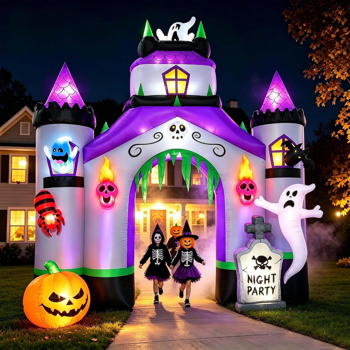 SEASONBLOW 12.3 Ft Giant Halloween Inflatable Haunted House Castle Archway Light Up Blow Up Castle Archway