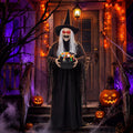 Sanwuta 6 ft Animated Halloween Witch Prop, Light up Eyes & Cauldron / Sound Touch Activated, trick or Treat