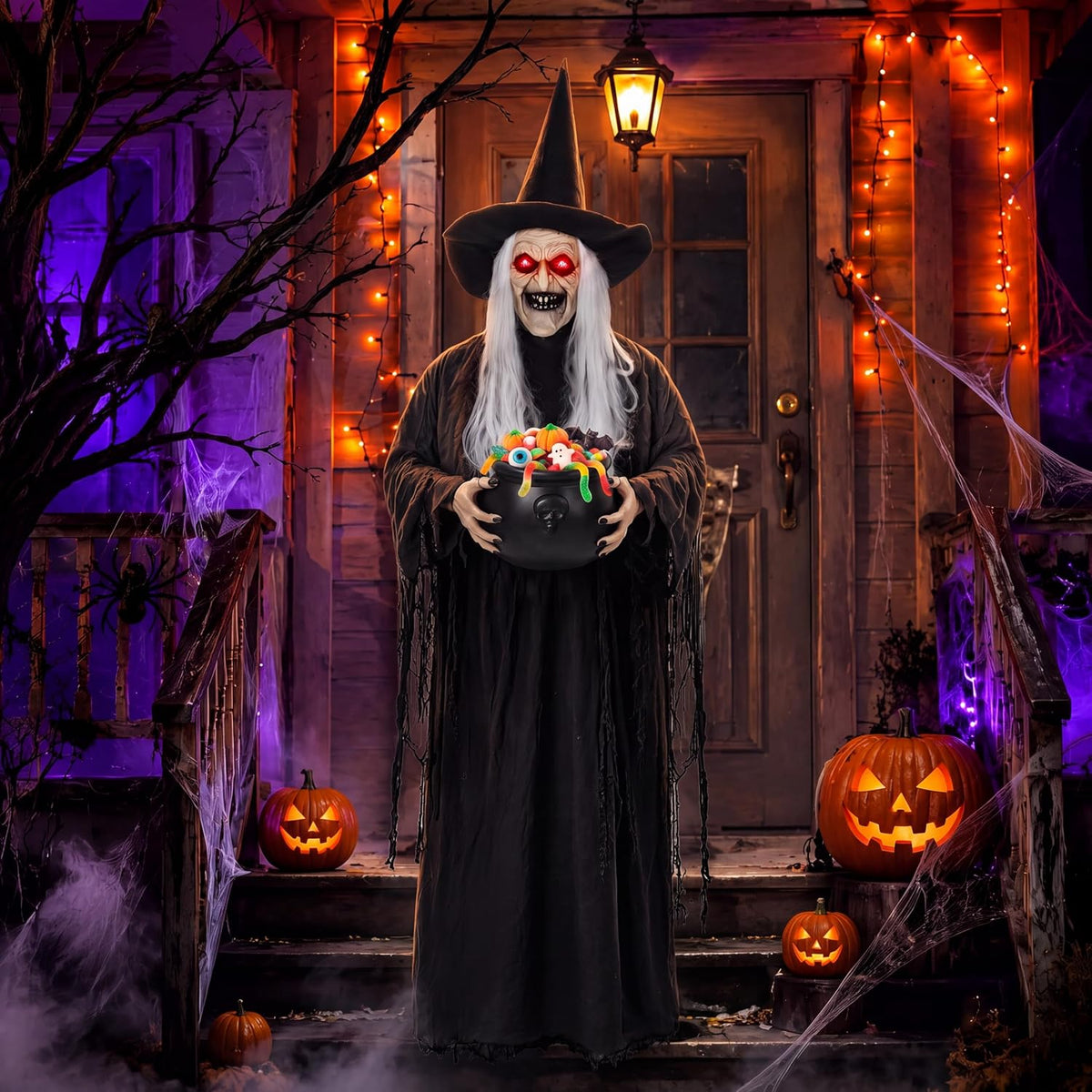 Sanwuta 6 ft Animated Halloween Witch Prop, Light up Eyes & Cauldron / Sound Touch Activated, trick or Treat